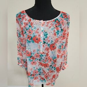 Lauren Conrad Floral Chiffon Basic Blouse Women 3/4 Sleeve No Camisole  Sz S